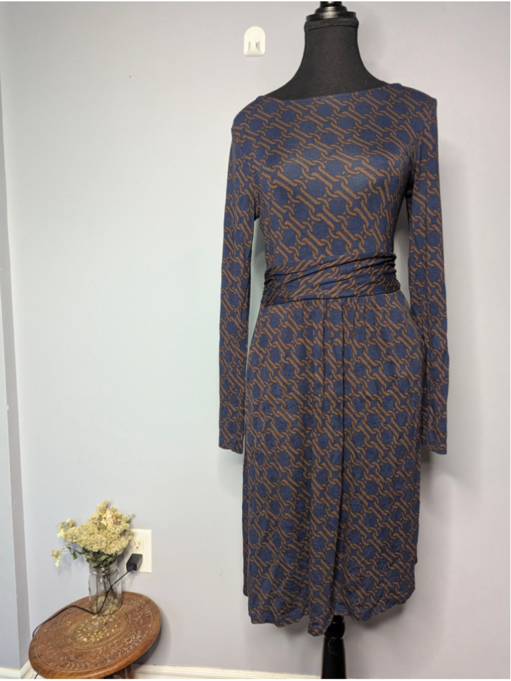 Boden Amelie Long Sleeve Jersey Dress Navy Blue Brown Chain Link Size US 6R